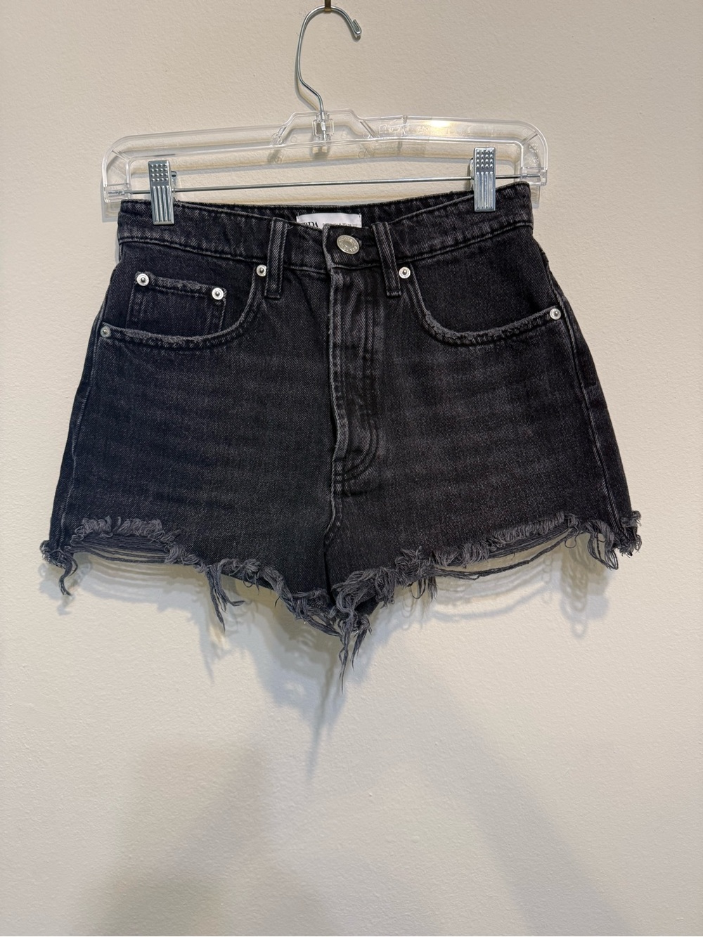 Zara Black High-Waist Frayed Denim Shorts